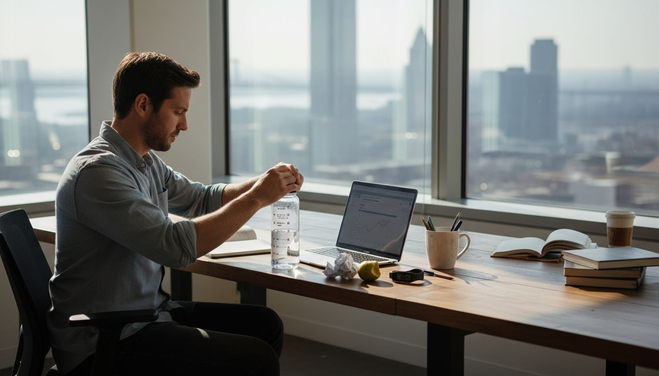 Man using water bottle with hydration markings