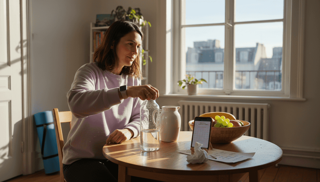 Woman preparing for day with wellness products