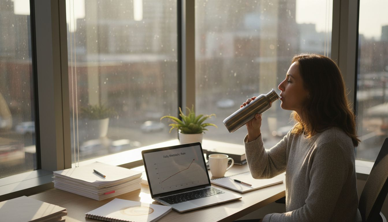 Woman drinking water in metabolism-focused office