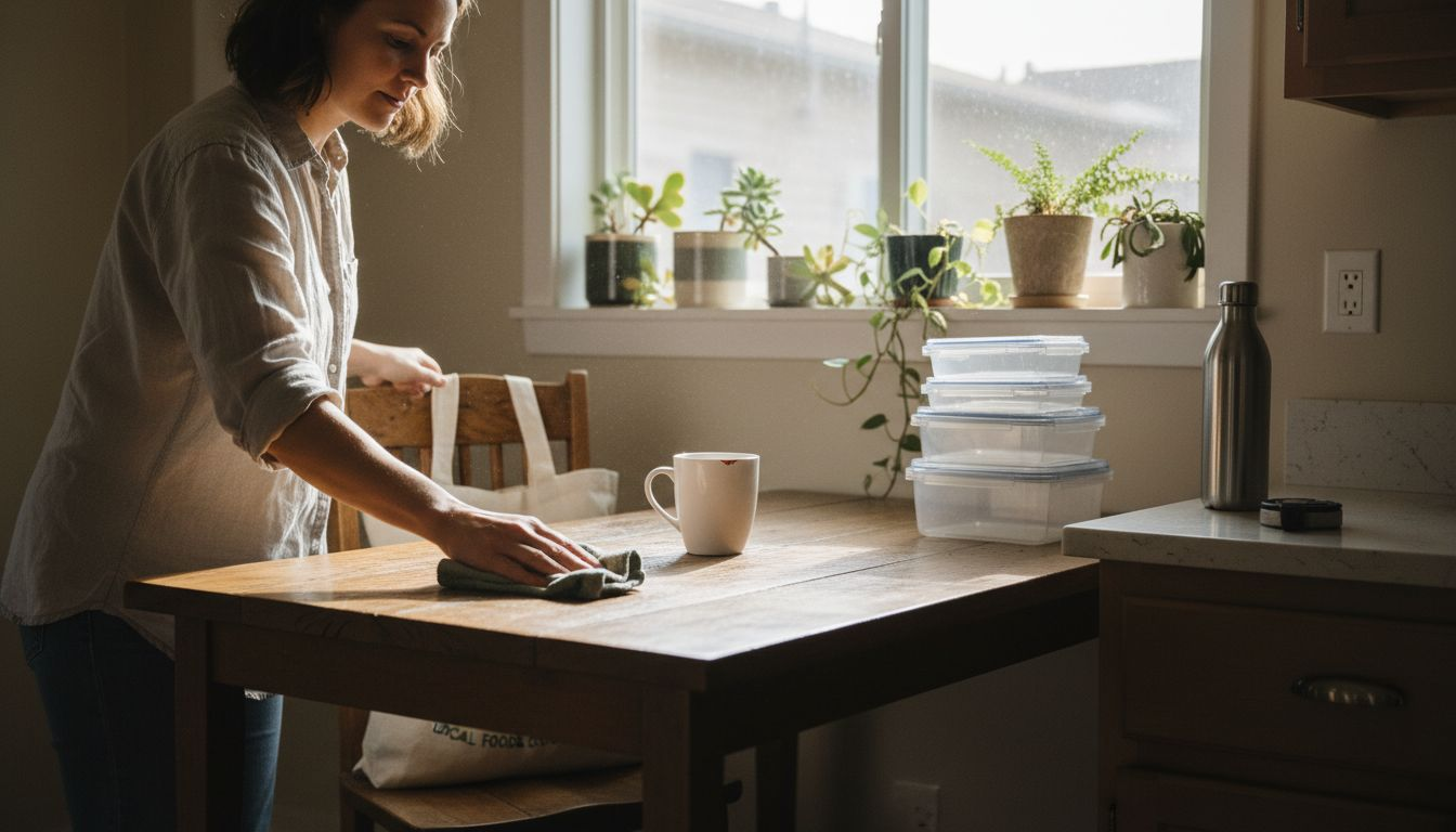 Woman using eco-friendly products in sunny kitchen