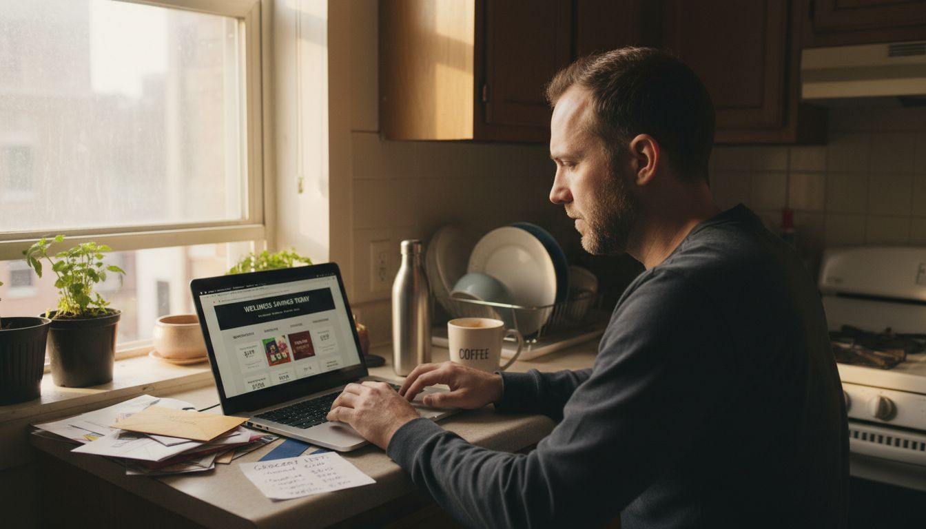 Man shopping wellness deals at kitchen counter