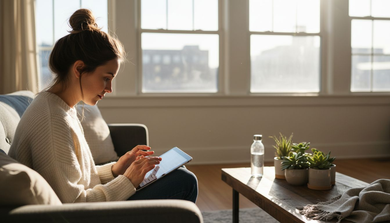 Woman browsing wellness products at home