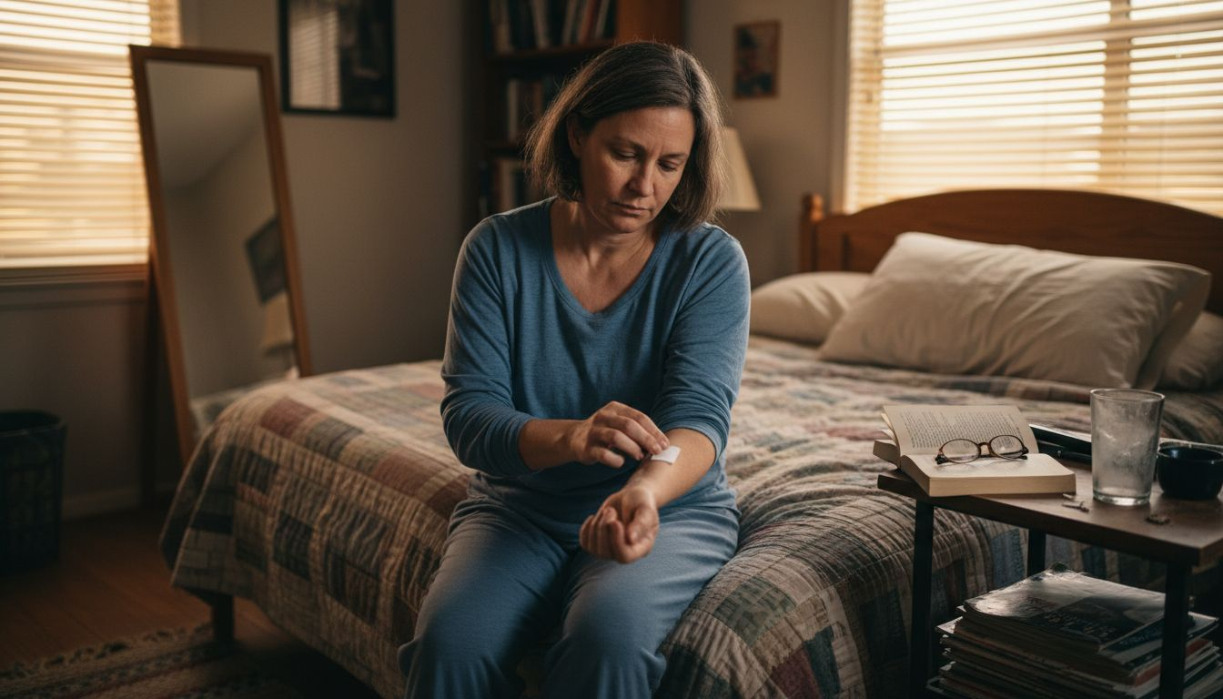 Woman applying sleep patch beside bed