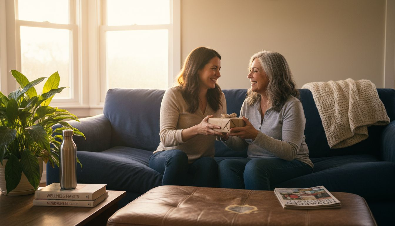 Woman giving wellness gift in cozy living room