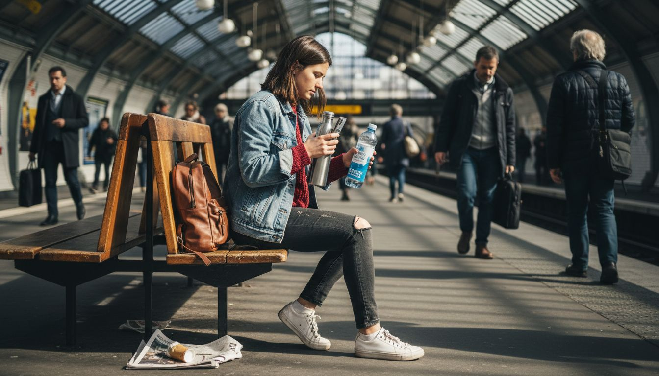 Woman drinking electrolyte beverage in metro station