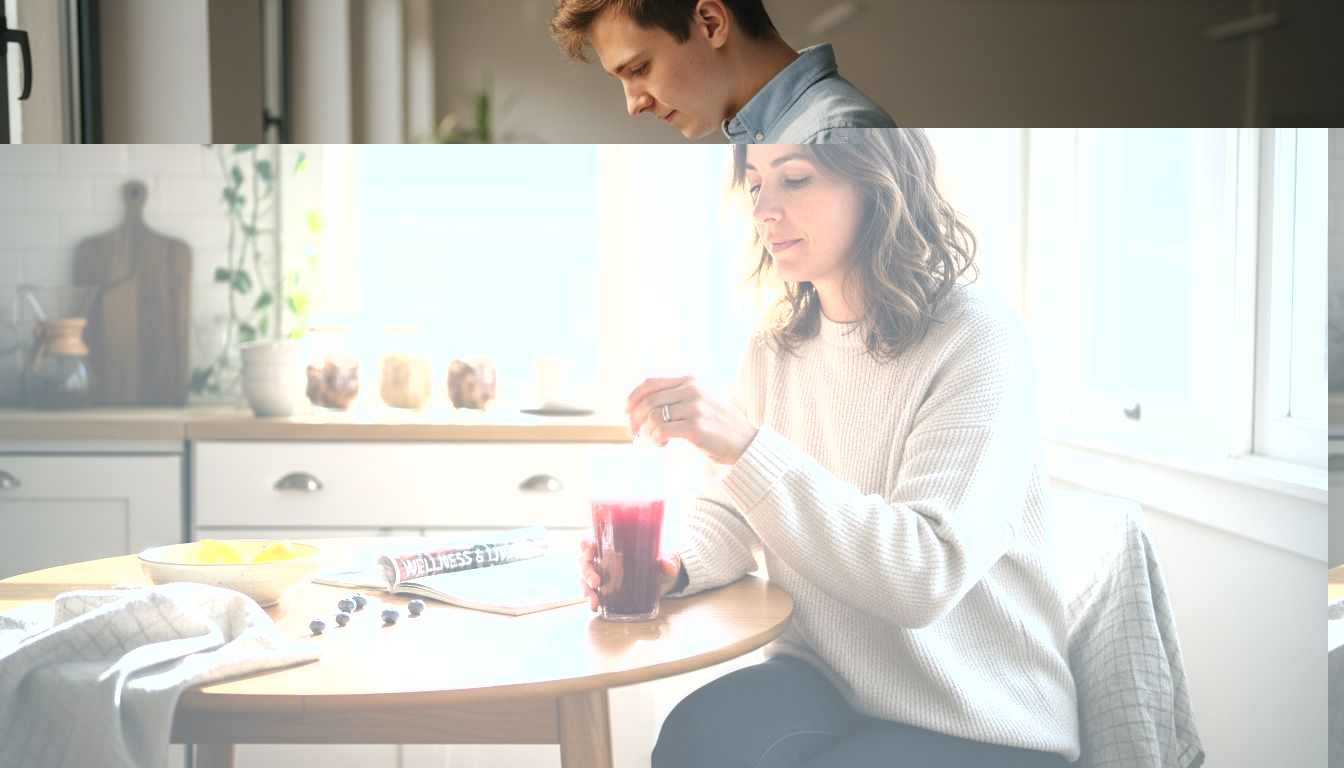 Woman making antioxidant drink in bright kitchen