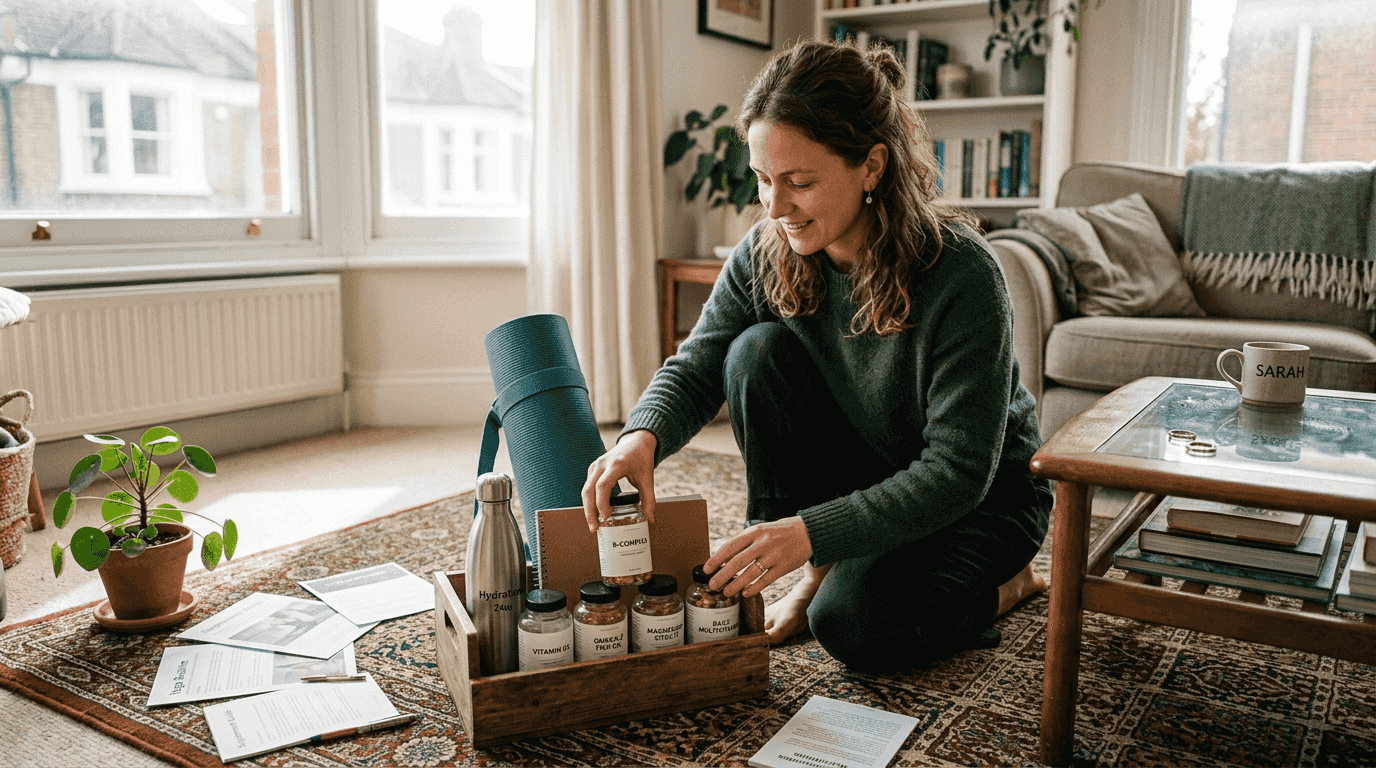 Woman organizing wellness kit in living room