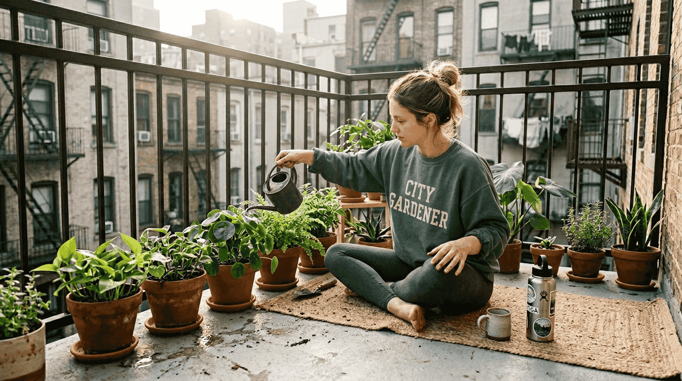 Woman practicing sustainable wellness on city balcony
