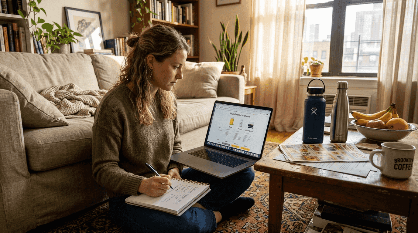 Woman comparing wellness deals at home