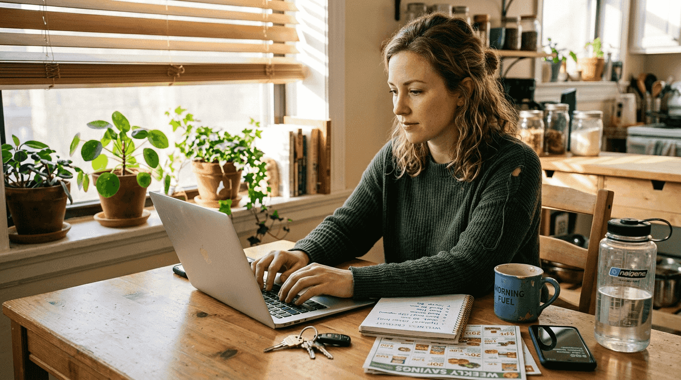 Woman planning wellness savings at kitchen table
