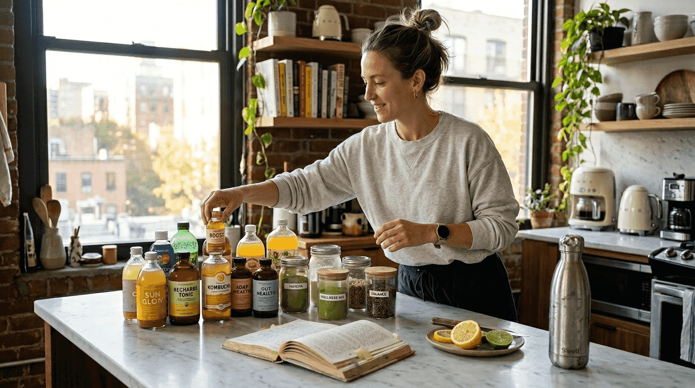 Woman arranging functional drinks for wellness