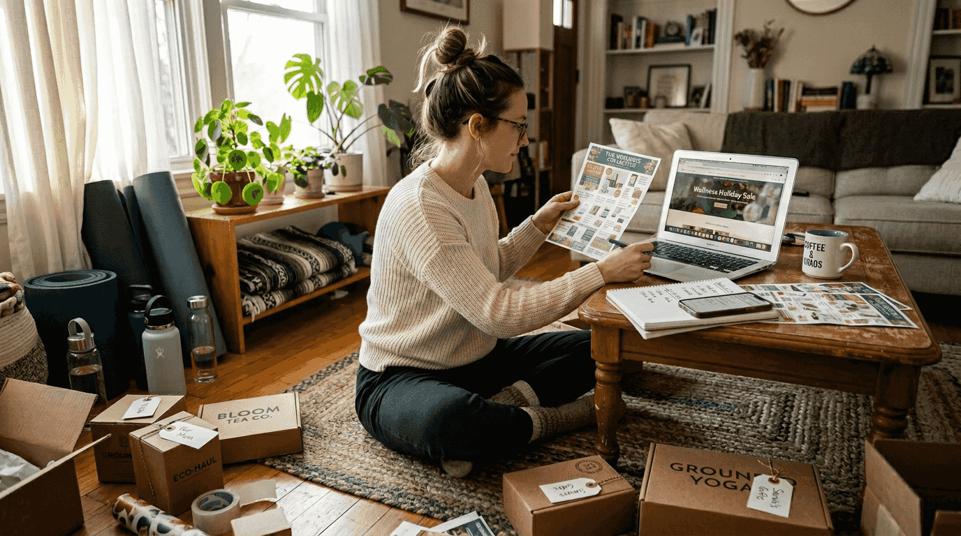 Woman researching holiday wellness deals amid packages