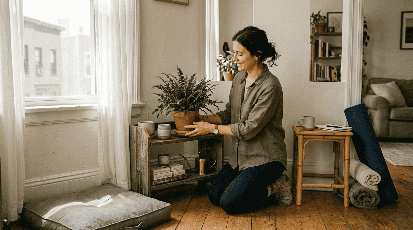 Woman arranging plant in sunlit wellness corner