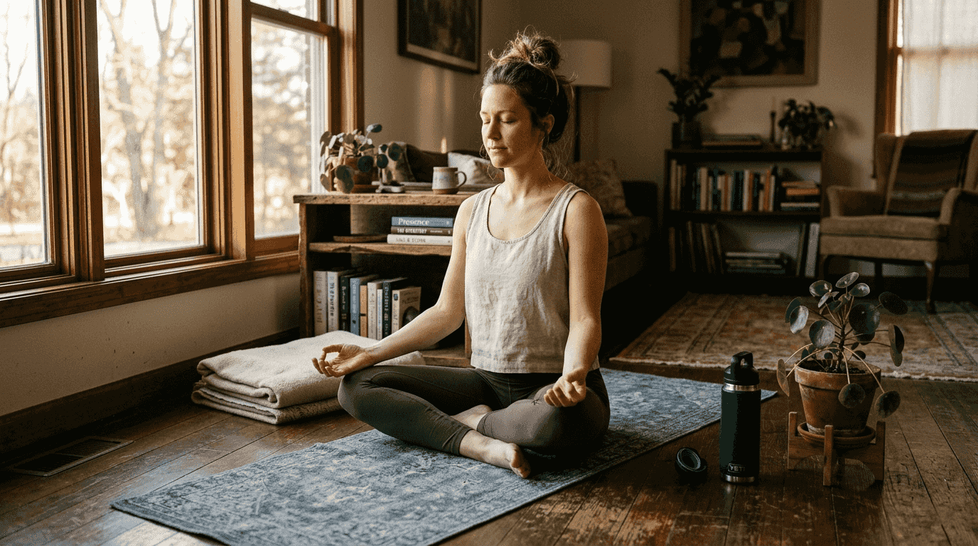 Woman practicing beginner yoga at home