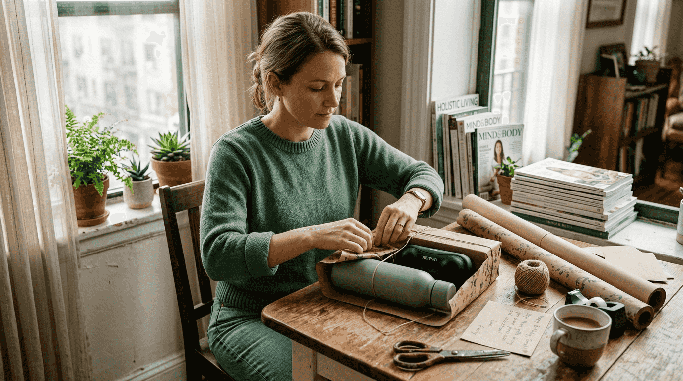 Woman wrapping diverse wellness gifts
