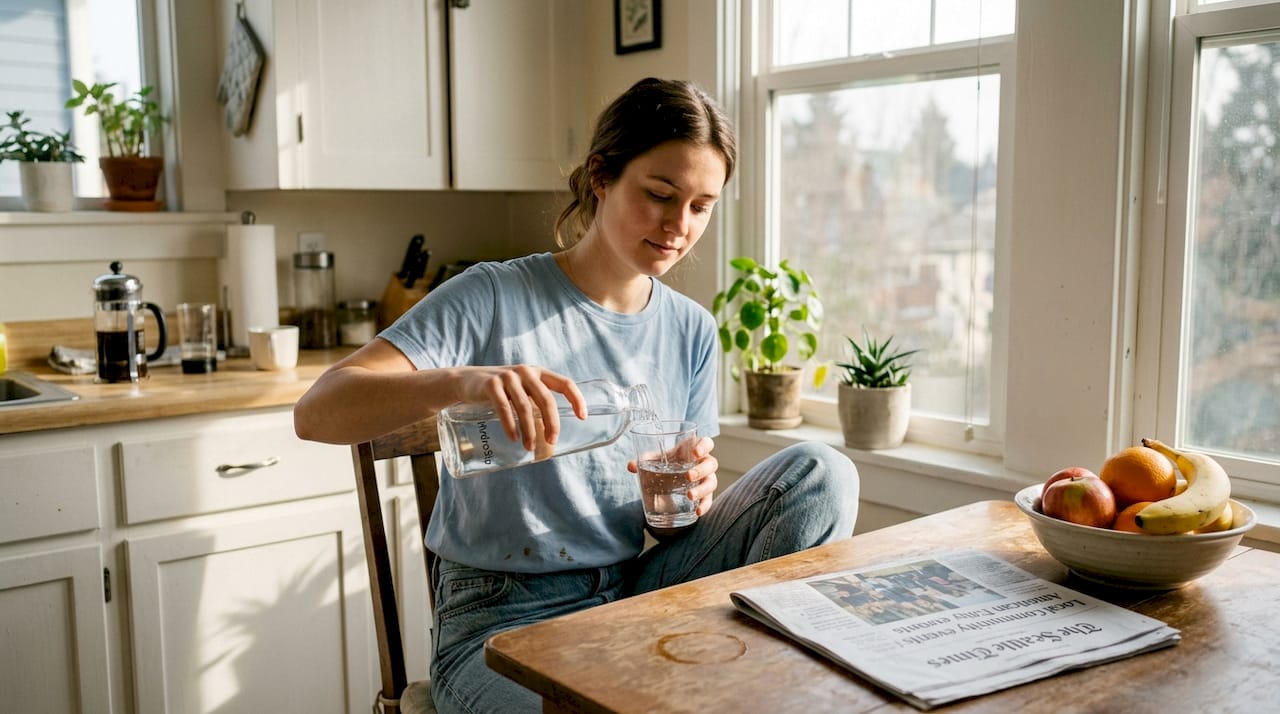 Woman using BPA-free bottle in kitchen