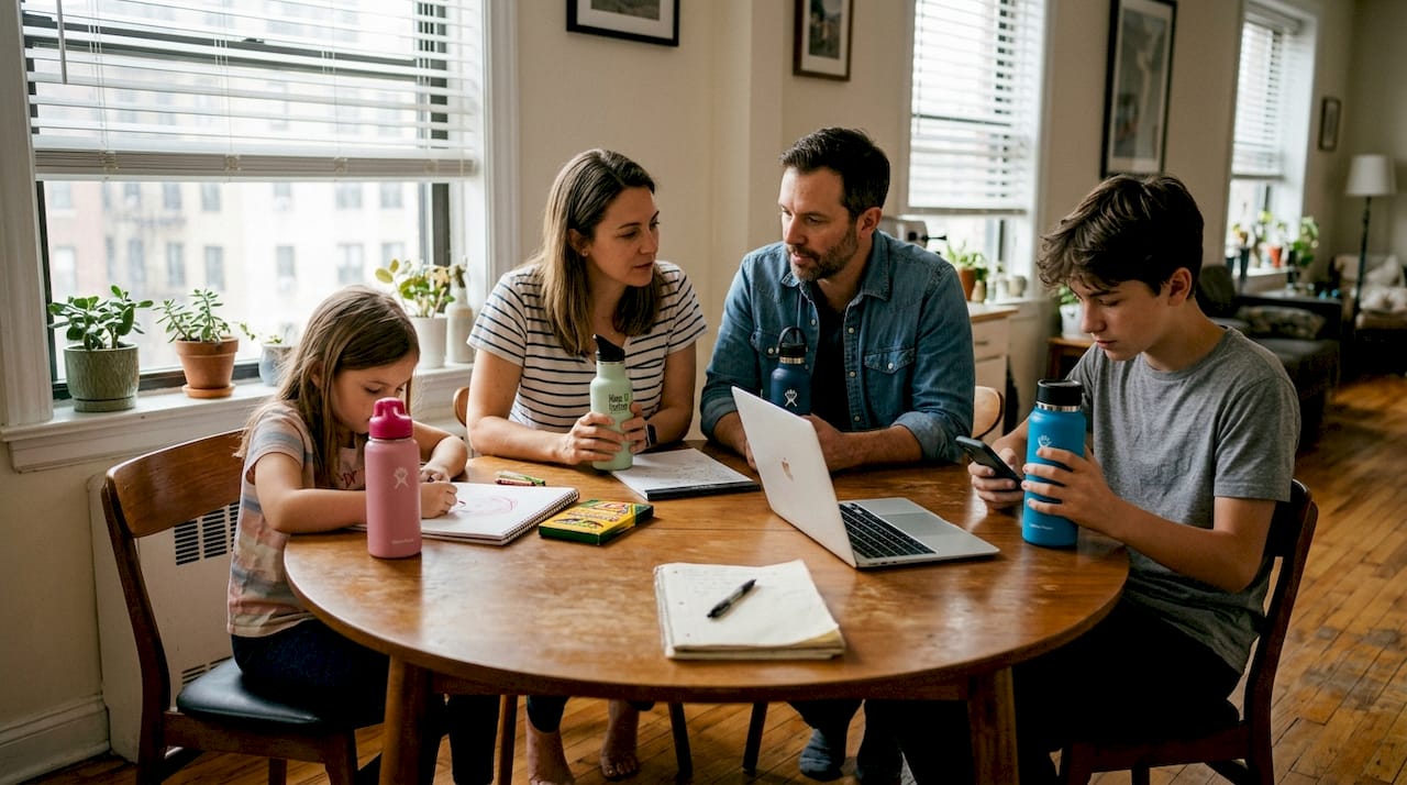 Family using BPA-free bottles at kitchen table