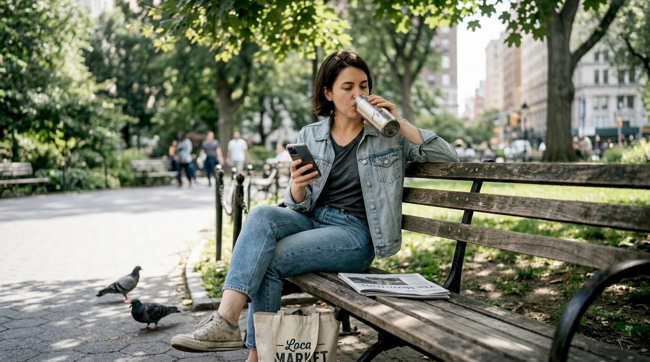 Woman using stainless steel bottle in park
