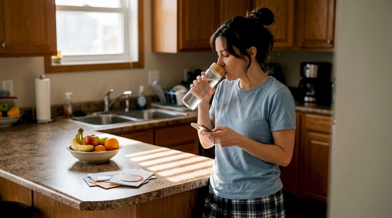 Woman drinking water in kitchen in morning