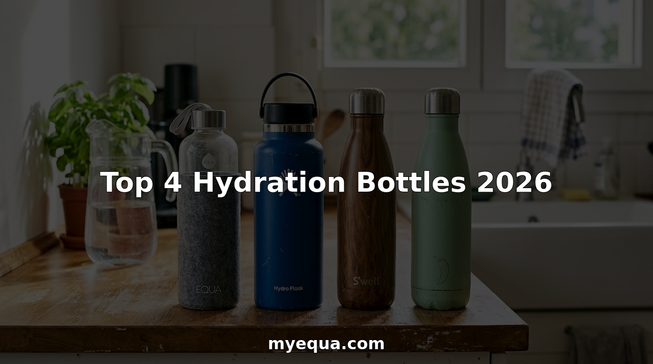 Four top reusable hydration bottles on kitchen counter