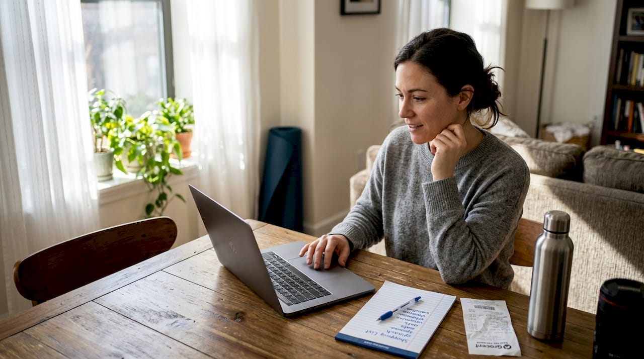 Woman shopping wellness products online at home