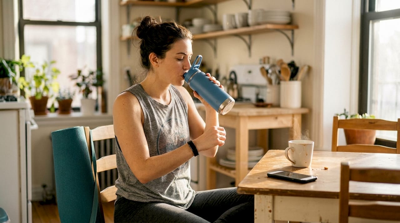 Woman using wellness accessories at kitchen table