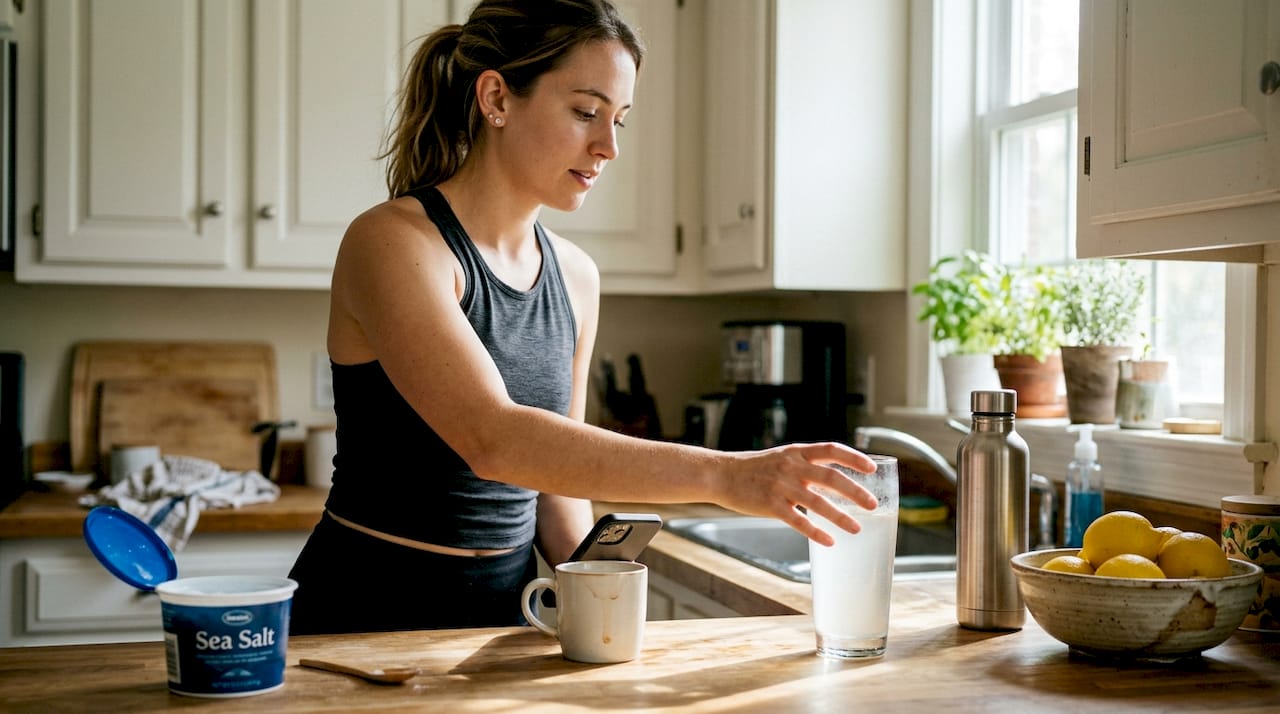 Woman choosing functional drink in home kitchen
