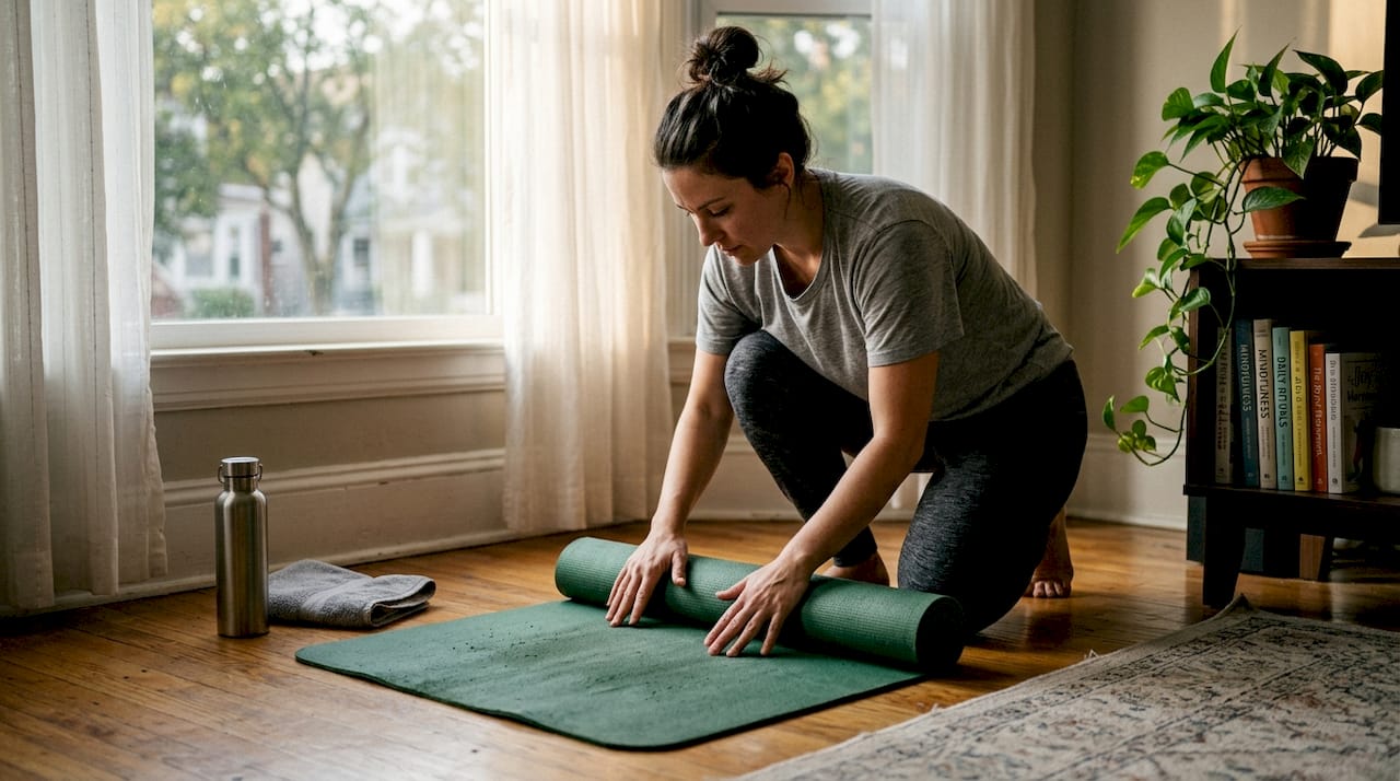 Woman rolling out yoga mat at home