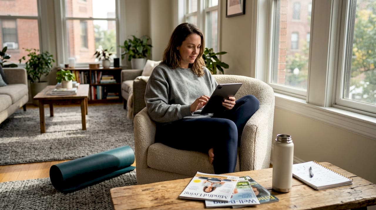 Woman researching wellness deals at home