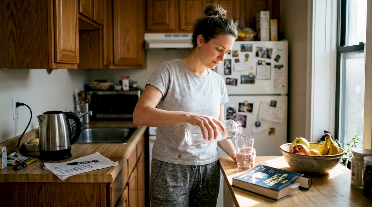 Woman starting morning wellness routine in kitchen