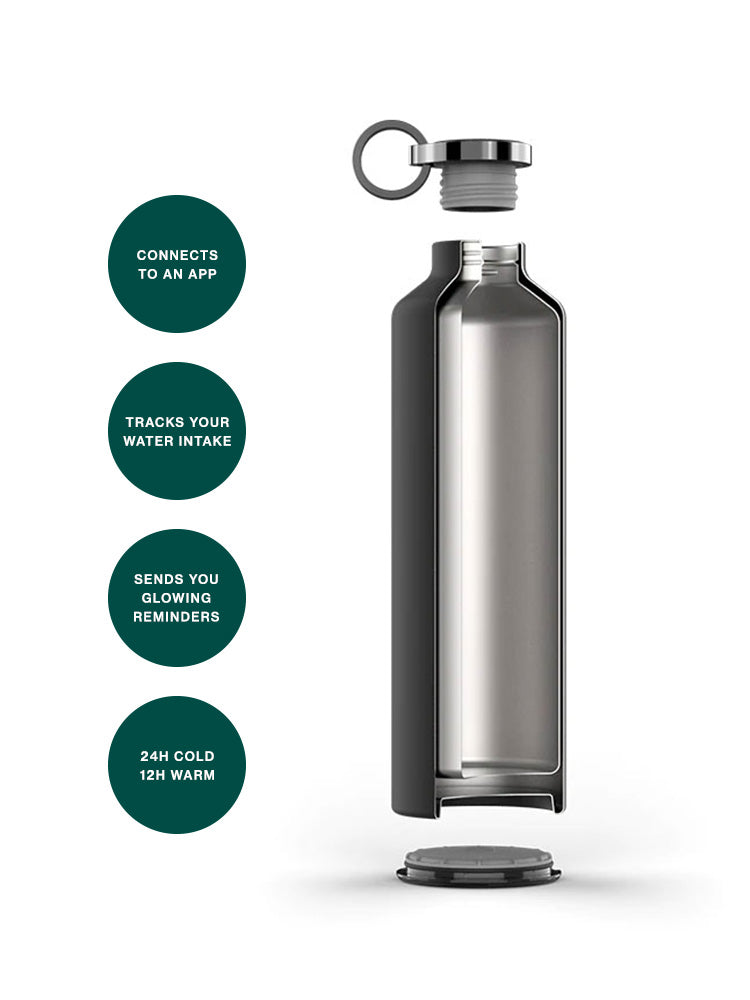 Grigio scuro Smart Water Bottle isolato in acciaio inox da EQUA