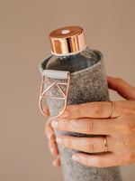 EQUA glass water bottle Rose Gold with felt cover.