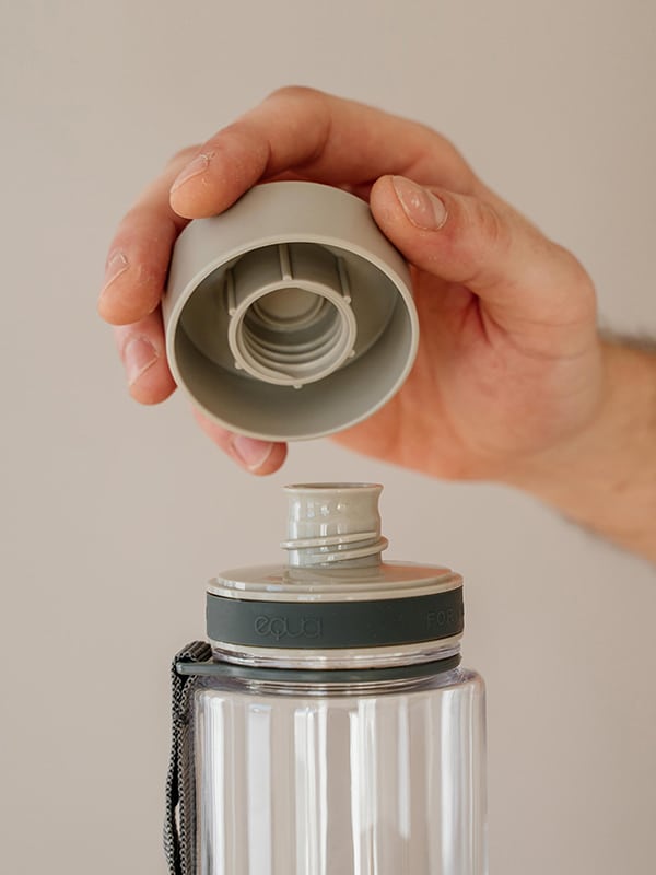 EQUA BPA FREE water bottle, Plain Grey, close up of the lid and mouthpiece, grey color