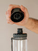 EQUA BPA FREE water bottle, Plain Black, close up of the lid and mouthpiece, black color