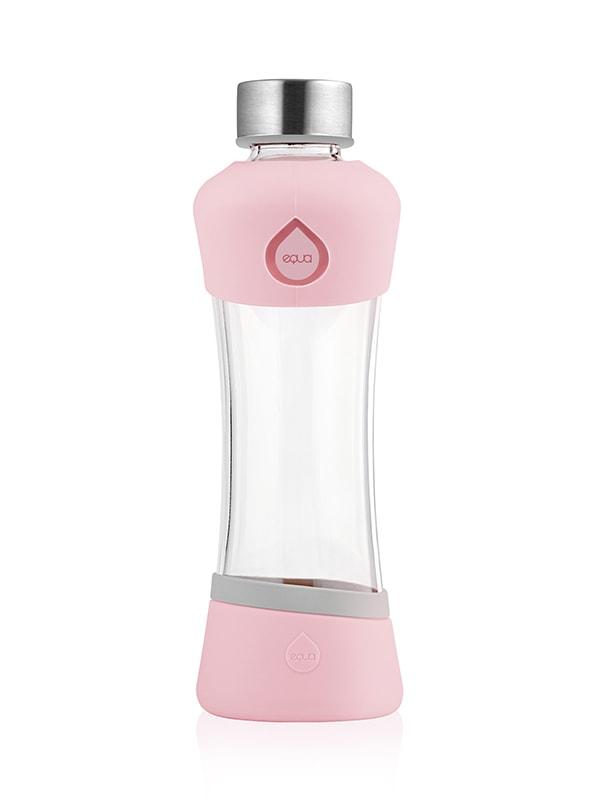 EQUA Active Berry glass water bottle with pink upper and bottom silicones