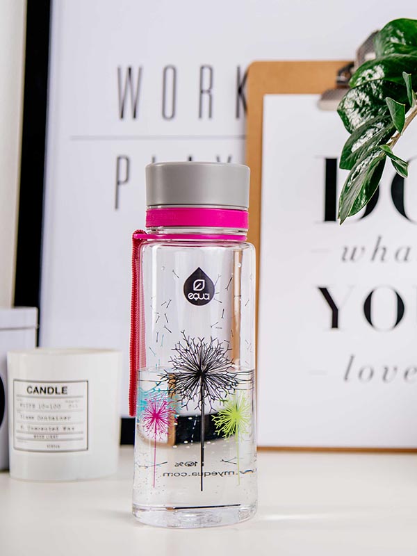 EQUA BPA FREE water bottle, Dandelion, bottle on the office table, motif of dandelion, pink and grey color