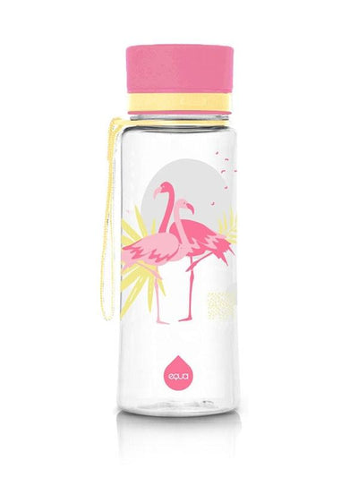 BPA free water bottle in pink and yellow with flamingos by EQUA