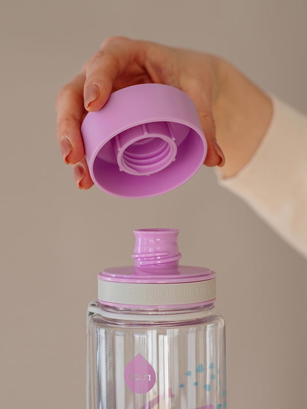 EQUA BPA FREE water bottle, Elephant, close up of the lid and mouth piece, purple and grey color