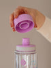 EQUA BPA FREE water bottle, Elephant, close up of the lid and mouth piece, purple and grey color