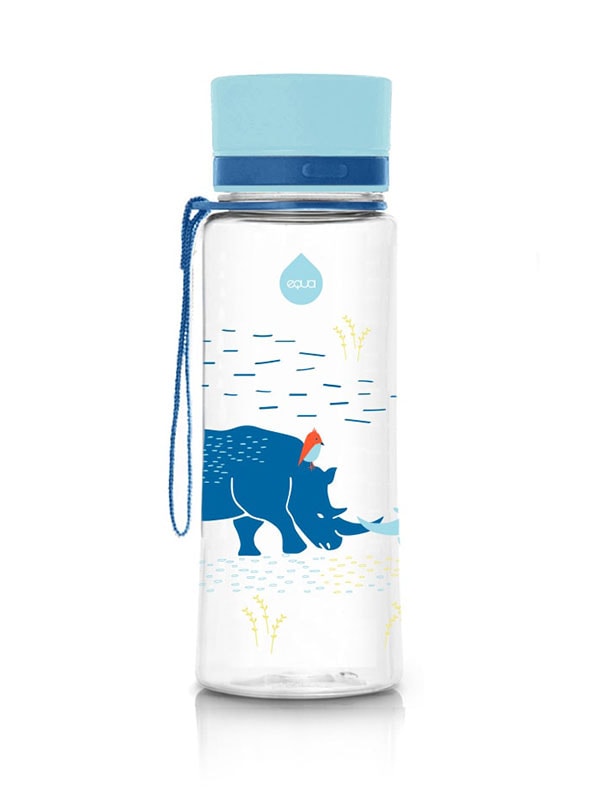 EQUA Bouteille d'eau SANS BPA, Rhino, motif de rhinocéros, couleur bleue