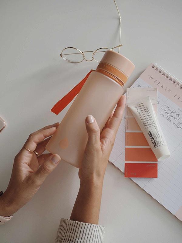 BPA FREE EQUA water bottle Sunrise with orange matte finish and handy string to gold