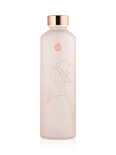 EQUA glass water bottle Bloom with rose matte finish and rose printing on white background in centre