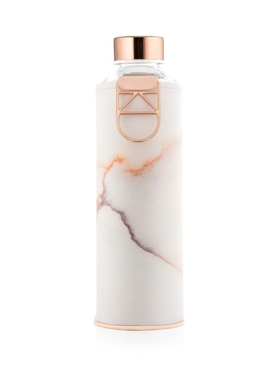 Lava Glass Water Bottle by EQUA with Rose Gold lid and holder. Faux leather cover with marble print. 