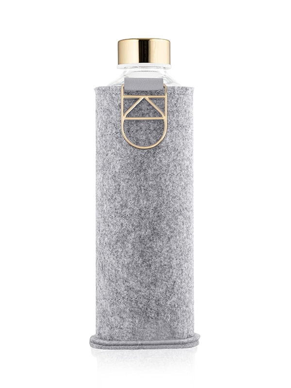 Gold Glass Water Bottle with Grey Felt Cover & golden handle by