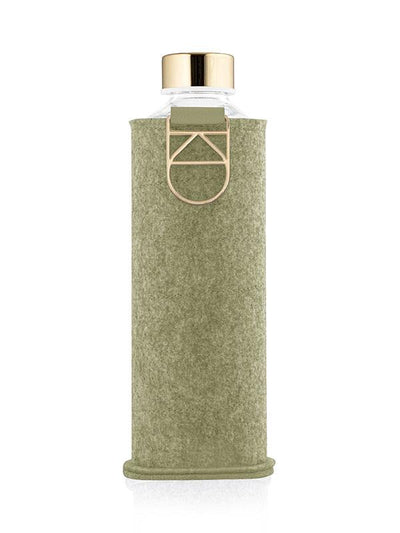 EQUA glass water bottle with green felt cover to protect your bottle and golden lid and holder