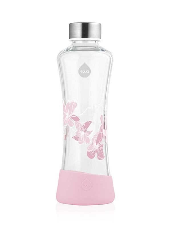 EQUA Magnolia glass water bottle with flowers and pink protective silicone