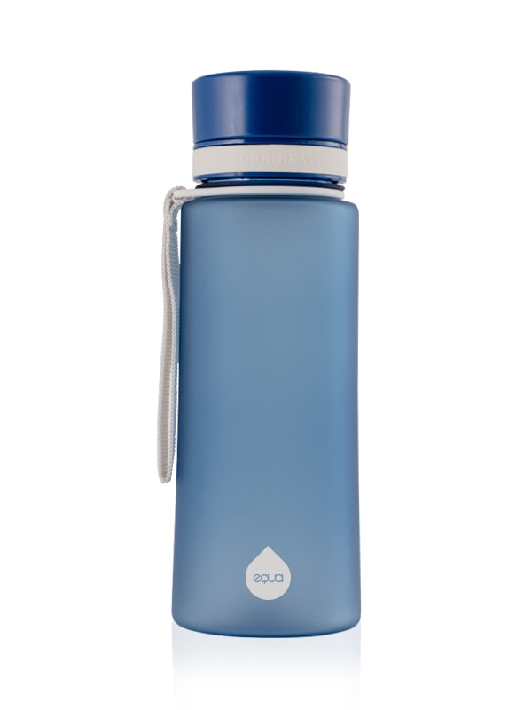 Blue water bottle with white strap and EQUA logo on the bottom with 600 ml volume